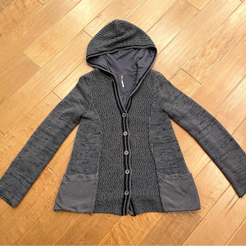 FREE PEOPLE Women’s Patchwork Blue Knit Button Up Hooded Lined Boho Cardigan XS